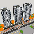 Modern High Rise Residential Buildings With Commercial Base And Urban Road Greenery