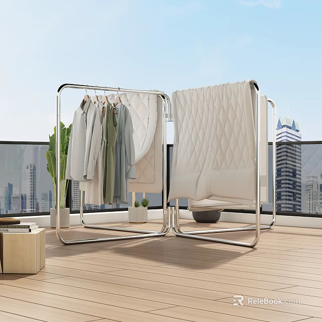 Modern Metal Clothes Rack With Hanging Garments And Green Plants On Terrace Wooden Floor 3d model 