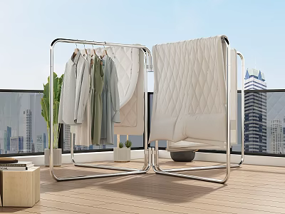 Modern Metal Clothes Rack With Hanging Garments And Green Plants On Terrace Wooden Floor 3d model