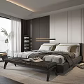 Modern Bedroom Interior With Large Bed Bench Floor to Ceiling Window and Wooden Floor