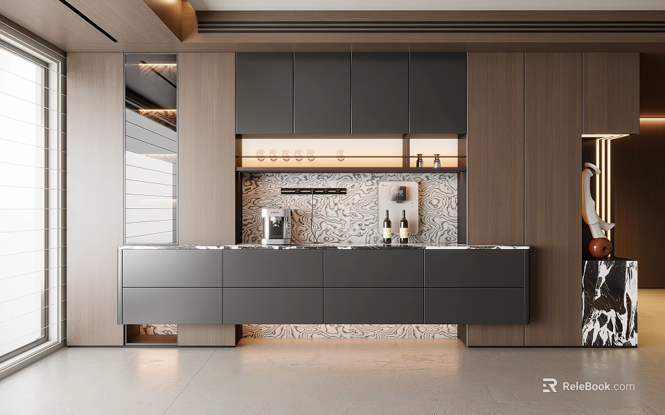 Modern Sideboard With Dark Gray Cabinets Wooden Panels And Marble Backsplash Design 3d model 
