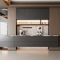 Modern Sideboard With Dark Gray Cabinets Wooden Panels And Marble Backsplash Design