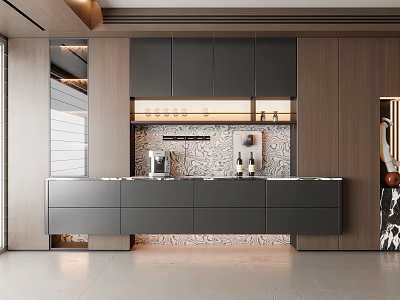Modern Sideboard With Dark Gray Cabinets Wooden Panels And Marble Backsplash Design 3d model