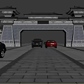 Traditional Chinese Entrance Gate with Classic Architecture and Cars on Stone Paved Path