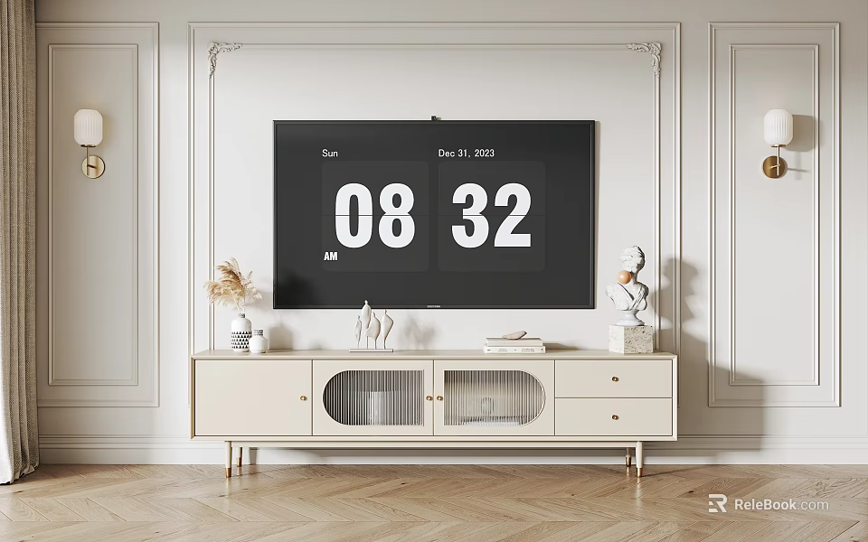 Modern TV Background Wall With White Paneled Design Cream TV Stand And Gold Sconces 3d model 