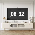 Modern TV Background Wall With White Paneled Design Cream TV Stand And Gold Sconces