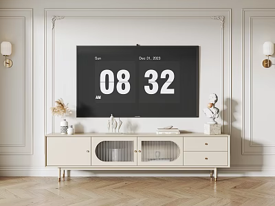 Modern TV Background Wall With White Paneled Design Cream TV Stand And Gold Sconces 3d model