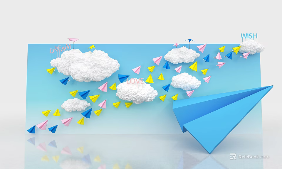 Colorful Paper Planes Large Blue Plane Cotton Clouds Blue Background Photo Check In Spot 3d model 
