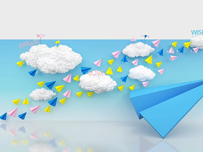 Colorful Paper Planes Large Blue Plane Cotton Clouds Blue Background Photo Check In Spot 3d model