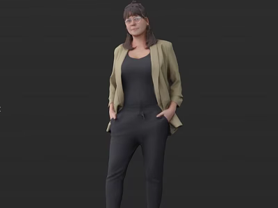 Woman Wearing Black Top Black Pants Green Cardigan With Hands In Pockets Against Dark Background 3d model