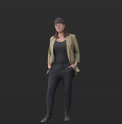 Woman Wearing Black Top Black Pants Green Cardigan With Hands In Pockets Against Dark Background 3d model