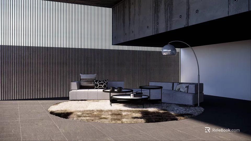 Modern Living Room Interior With Sofas Coffee Tables Round Rug And Arc Floor Lamp 3d model 