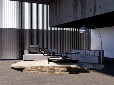 Modern Living Room Interior With Sofas Coffee Tables Round Rug And Arc Floor Lamp 3d model