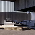 Modern Living Room Interior With Sofas Coffee Tables Round Rug And Arc Floor Lamp