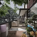 Modern Courtyard Garden Landscape With Stone Steps Decorative Railing Green Trees And Shrubs