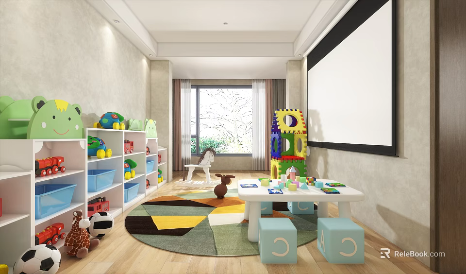 Kids Playroom Interior Design With Large Screen Toy Shelves Colorful Toys And Geometric Rug 3d model 