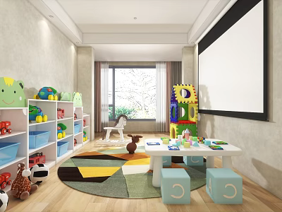 Kids Playroom Interior Design With Large Screen Toy Shelves Colorful Toys And Geometric Rug 3d model