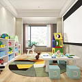Kids Playroom Interior Design With Large Screen Toy Shelves Colorful Toys And Geometric Rug