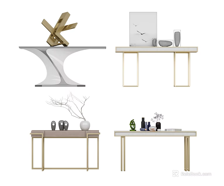 Modern Console Table Design With Gold Metal Legs White Top And Sculptures Vases 3d model 