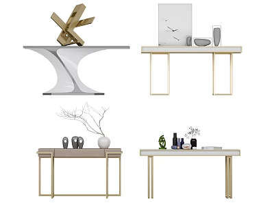 Modern Console Table Design With Gold Metal Legs White Top And Sculptures Vases 3d model