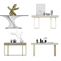 Modern Console Table Design With Gold Metal Legs White Top And Sculptures Vases