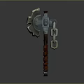 Medieval Axe Hammer Weapon With Serrated Metal Head Chain And Brown Braided Handle