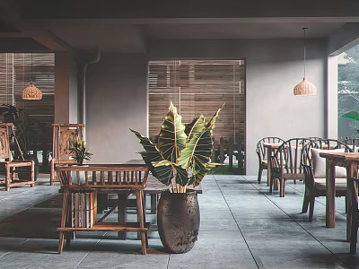 Natural Style Indoor Space With Wooden Furniture And Plants 3d model