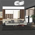 Modern Living Room Interior With Beige Sofa Multiple Cushions Wooden Bookshelf And Open Partition