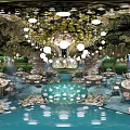 Luxurious Banquet Hall Setup With Hanging Greenery Chandeliers Round Tables And Soft Lighting