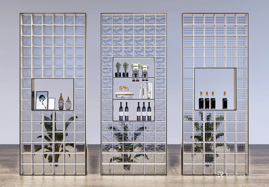 Modern Glass Grid Room Dividers With Indoor Plants And Decorative Items 3d model 