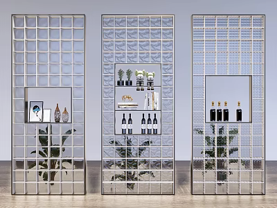 Modern Glass Grid Room Dividers With Indoor Plants And Decorative Items 3d model