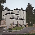 White Exterior Detached Villa With Black Roof In Wooded Area Driveway And Lawn