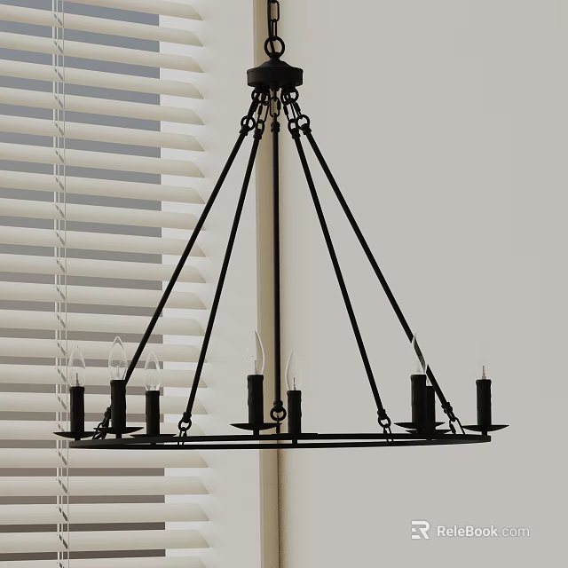 Black Chandelier with Multiple Candle Shaped Lights Against Window Blinds Interior 3d model