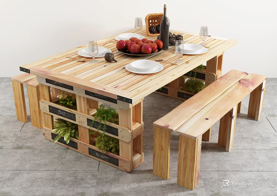 Wooden Pallet Dining Table Set With Bench Fruits Wine Bottle And Planter 3d model 