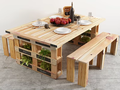 Wooden Pallet Dining Table Set With Bench Fruits Wine Bottle And Planter 3d model
