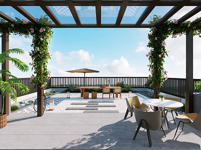 Rooftop Terrace With Glass Roof Pergola Climbing Plants And Outdoor Dining Set 3d model
