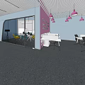 Modern Public Office Space With Purple Pendant Lights Desks Chairs And Blue Walls