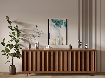 Modern Minimalist Entryway Console Cabinet With Wooden Ribbed Design Green Plant And Decorative Painting 3d model