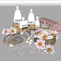 Fresh Bathroom Accessories With ROOT Branded Bottles Rolled Pink Towel Candle Daisies And Wooden Bowl