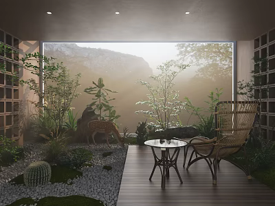 Serene Home Balcony With Various Plants Wicker Chairs Small Round Table And Mountain View 3d model