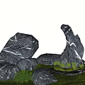 Natural Stone And Wood Elements In Garden Landscape With Green Plants