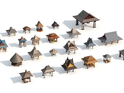 Traditional Pavilion Models With Diverse Roof Styles And Wooden Construction Details 3d model