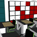 School Classroom Interior With Desks Chairs Wall Posters And Storage Cabinets