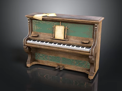 Vintage Wooden Piano As Home Living Item With Green Panel And Music Sheets 3d model