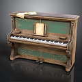 Vintage Wooden Piano As Home Living Item With Green Panel And Music Sheets