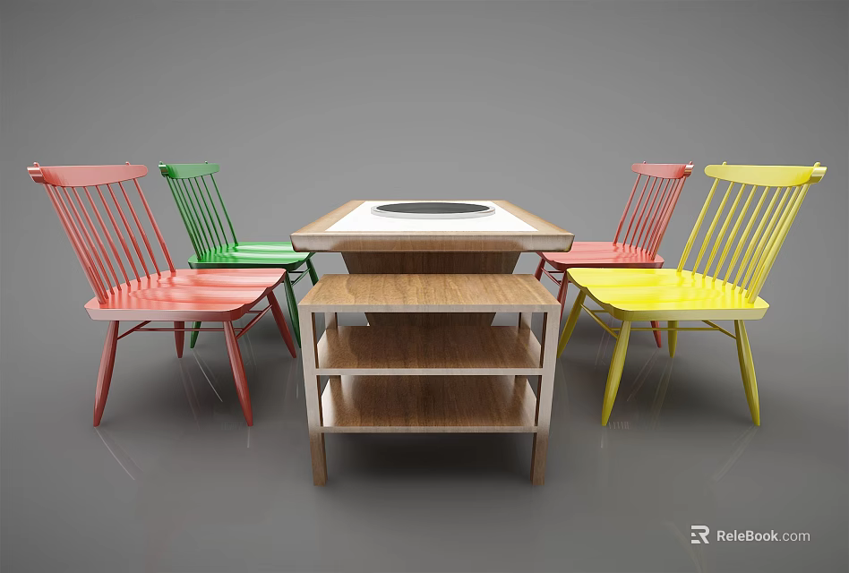 Wooden Dining Table Set With Red Green Yellow Chairs White Circular Center And Lower Shelf 3d model 