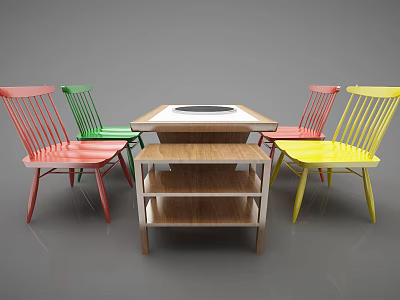Wooden Dining Table Set With Red Green Yellow Chairs White Circular Center And Lower Shelf 3d model