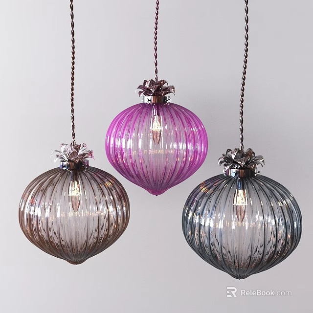 Colorful Glass Spherical Pendant Lights with Striped Design and Floral Top Hanging on Chains 3d model 