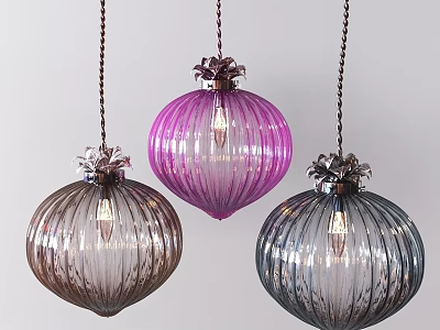 Colorful Glass Spherical Pendant Lights with Striped Design and Floral Top Hanging on Chains 3d model
