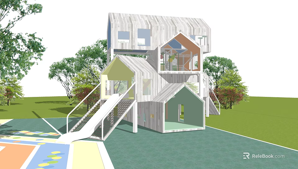 Outdoor Multi Level Playground Equipment With Slide And House Shaped Structures 3d model